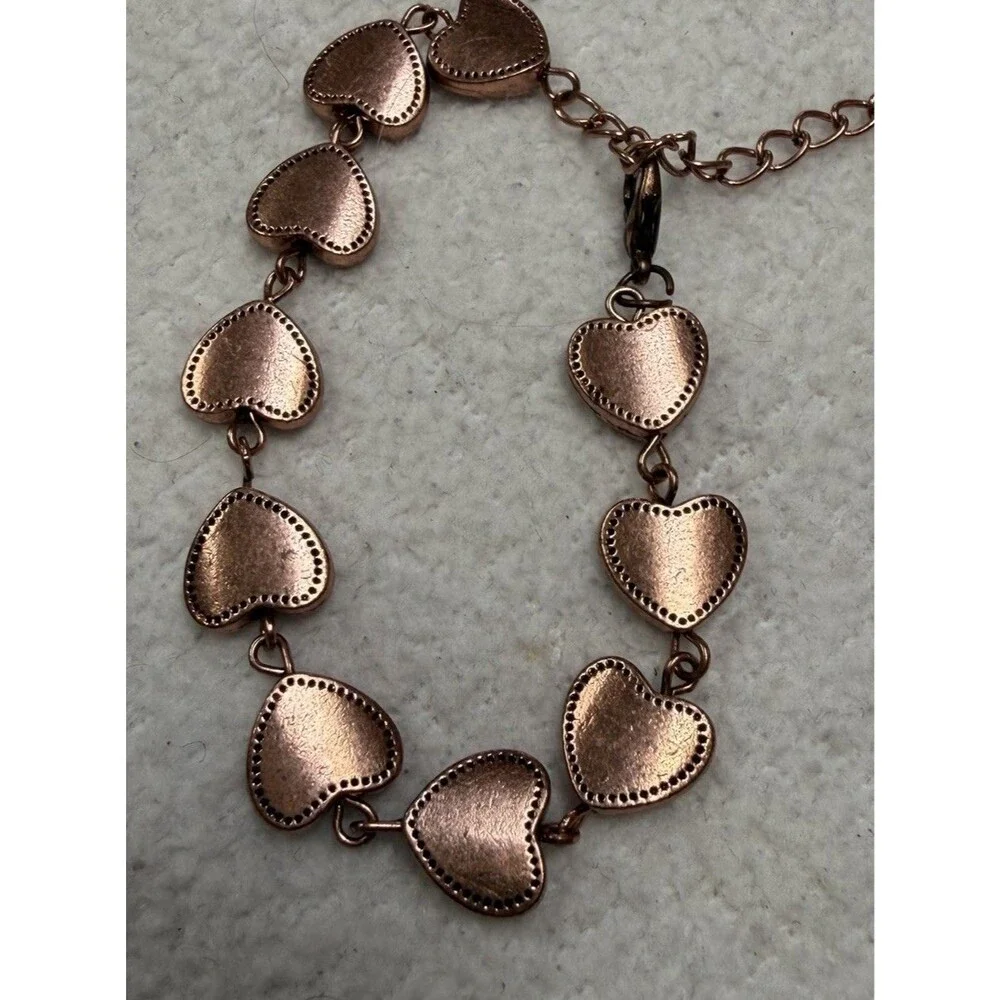 Vintage Rose Gold Copper Heart Link Bracelet Dainty Coquette Adjust Chain Gift